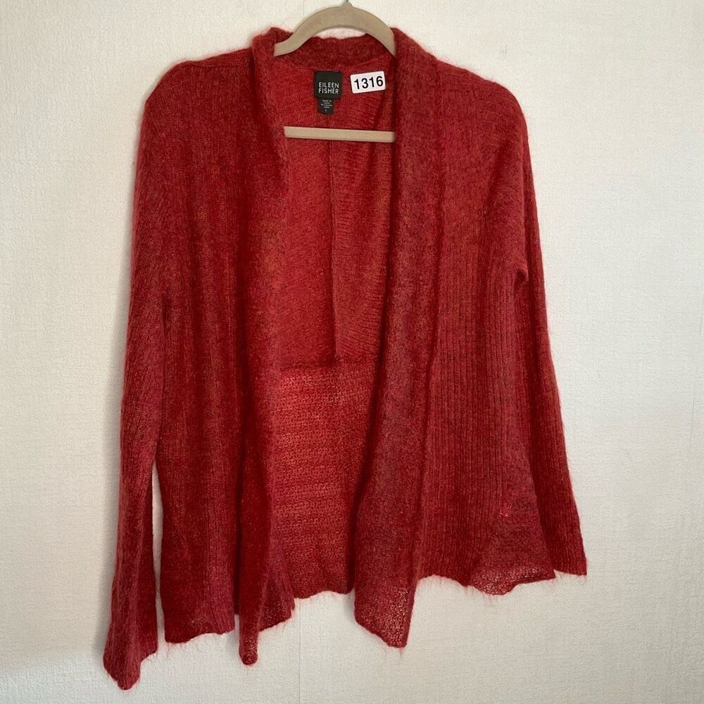 Eileen Fisher Women L Mohair Melange Cardigan Sweater Minimalist Fuzzy OpenFront - Picture 3 of 11